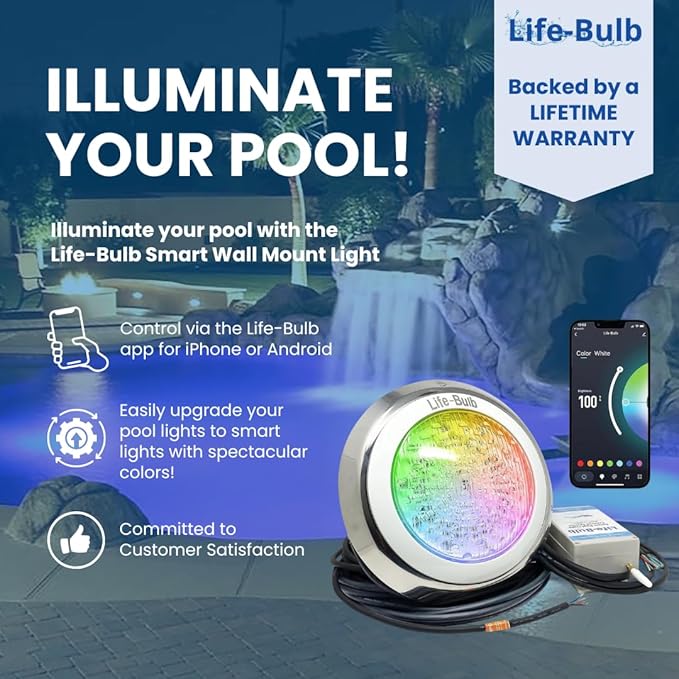 Smart Pool LED Pool Lights for Inground Pool, Wall Mounted, Color Changing with Remote - 75ft Cable, Works with Remote or Phone App - iOS/Android Compatible, Lifetime Replacement Program