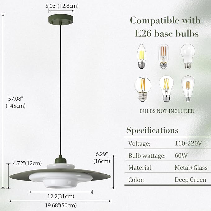 TeHenoo Mid Century Pendant Lights,Deep Green Shade,Milk White Glass,Adjustable Modern Large Pendant Lighting for Kitchen,Dining Room,Living Room