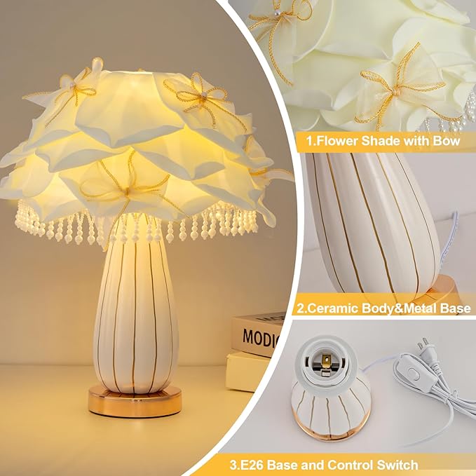 White Flower Girls Table Lamp Modern Princess Desk Lamp Cute Bow Bedside Lamp Nordic Nightstand Petal Light for Bedroom Valentines Dating Wedding Living Room Entry Office Study Room