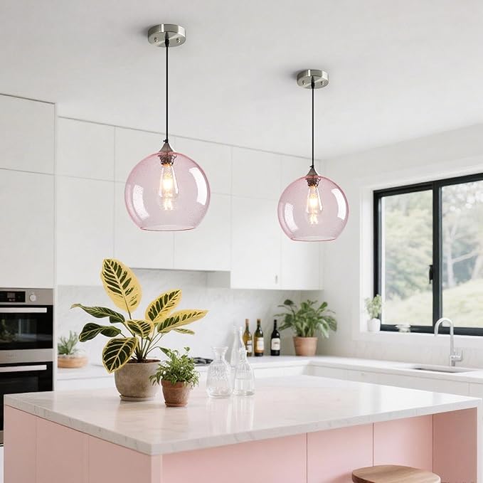 Pink Glass Pendant Lights Kitchen Island Globe Pendant Light Fixtures Modern Pendant Lighting for Bedroom Living Dining Room Light Fixture (9.84 in, 3 Pack)