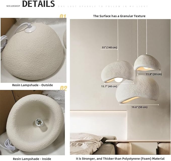 Scandinavian Pendant Lights Kitchen Island Beige White Concrete Cement Look Pendant Light Dome Hanging Lamp Wabi Sabi Chandelier - Large