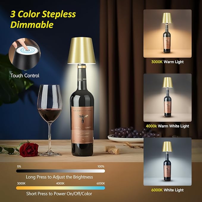 2025 New Wireless Bottle Lamp - LED Bottle Lights for Liquor & Wine Bottles, Cordless Lampshade, Whiskey Bottle Top Light, Bottle Stopper Night Light Kit, Rechargeable 3-Tone Touch-Dimmable