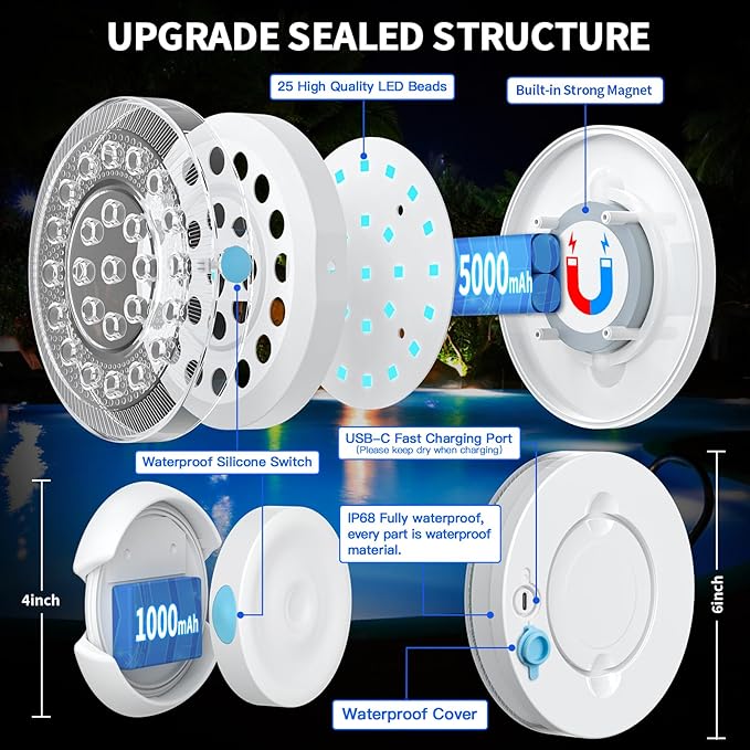 Pool Light, Rechargeable Smart Magnetic Underwater Floating Lights with Remote Control & APP, 4000mAh 300+ Dimmable IP68 Waterproof Light for Above/In Ground Swimming Pools, Ponds, Bathtubs, Party