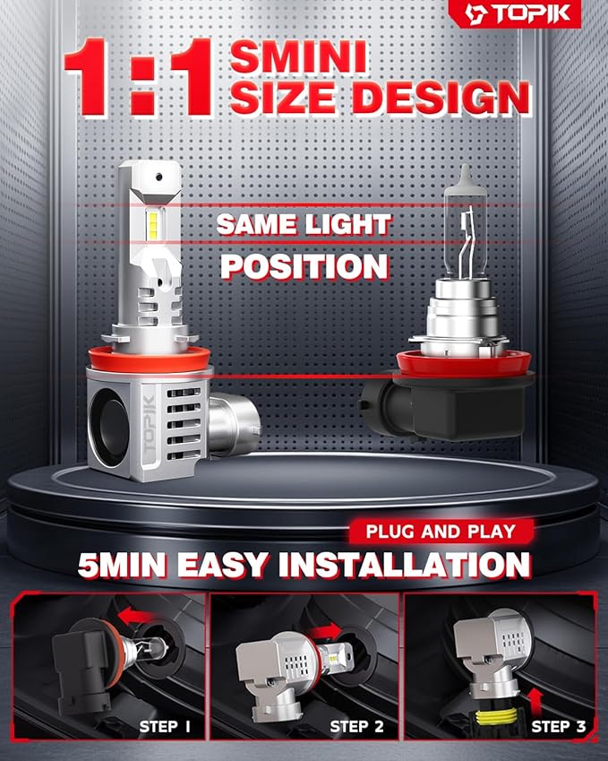 TOPIK T26 H11/H9 LED Bulbs 900% Brighter 36000LM 6500K Cool White, Plug N Play with 50000Hrs Lifespan, No Flicker, 99% Compatibility, H8/H9 Light for Off-Road Use or Fog Light, 2PCS