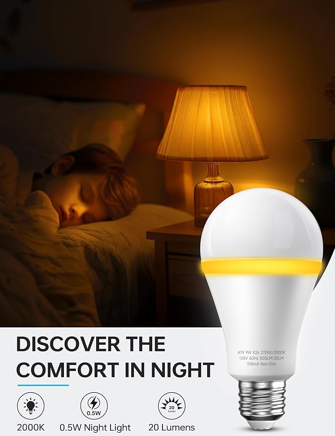 KINDEEP Sleep Night Light Bulbs: E26 Blue Light Blocking Dim Bulbs with 2 Modes, 0.5W Amber Lights with 20lm 2000K, 9W Equivalent 60W, 800lm 2700K, Ideal for Lamp, Bedroom, Sleep & Nursery, 2 Pack
