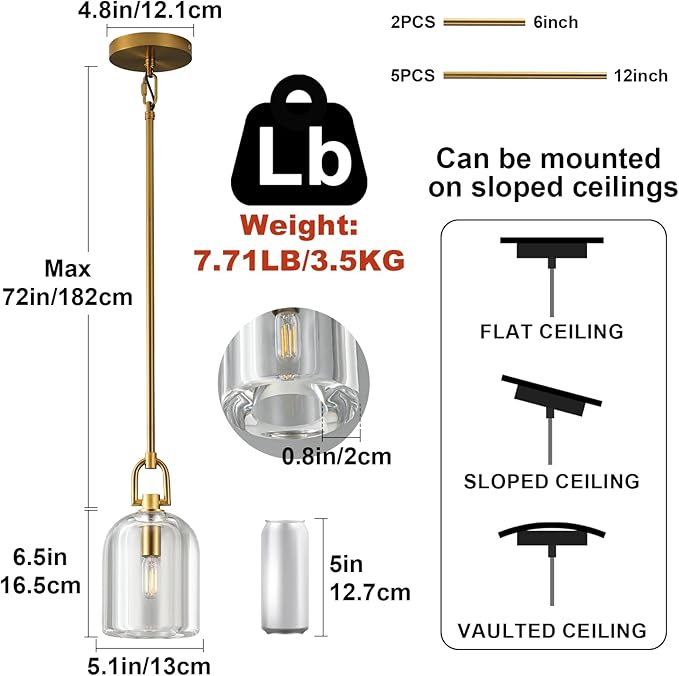 Brass Pendant Light Fixtures, Gold Pendant Light, Indoor Pendant Light for Kitchen Island Dining Room Living Room Bedroom Bathroom, E12 Bulb Included