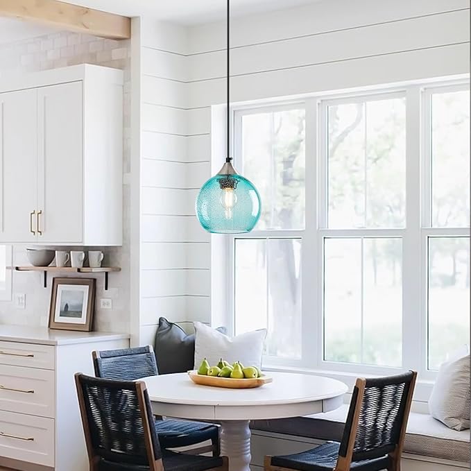 Light Blue Glass Pendant Lights Kitchen Island Globe Pendant Light Fixtures Modern Pendant Lighting for Bedroom Living Dining Room Light Fixture (5.9 in, 1 Pack)