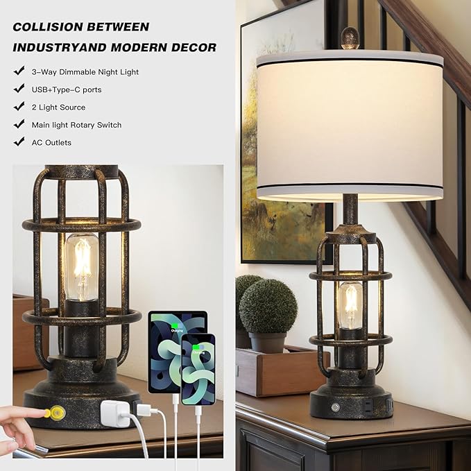 26" Vintage Industrial Table Lamps Set of 2, Farmhouse 3 Way Dimmable Touch Control LED Night Lights Table Lamp with USB A+C Ports & AC Outlet, Rustic Retro Beside Nightstand Lamp for Bedrooms Bronze