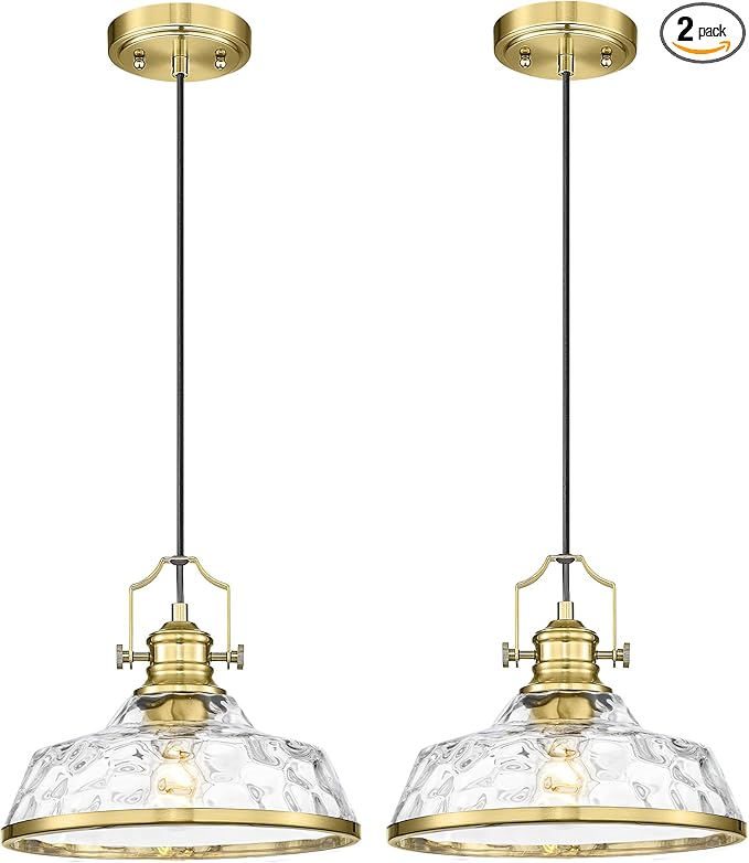 kudos 2 Pack Gold Pendant Lights Kitchen Island, 11" Brass Kitchen Island Lighting with Hammered Glass Shade, Farmhouse Hanging Light Fixture for Kitchen Sink Dining Room Hallways, KDPL13-GD-H-2PK
