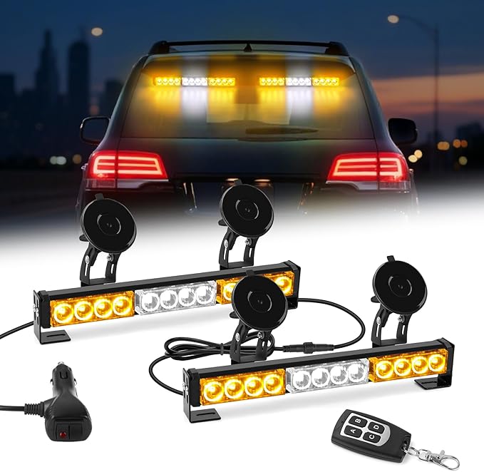 Amber and White Traffic Advisor Strobe Lights Bar For Vehicles Trucks Wireless Remote Control 23 Flash Patterns 2pcs 12.8 inch LEDs Flashing Warning Lights