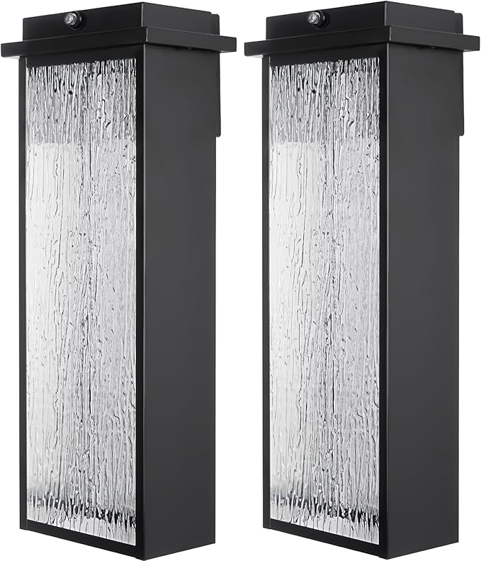 20" Extra Large Dusk to Dawn LED Outdoor Light 2 Packs, Black Modern Exterior Lighting Fixtures, Outside Porch Lights Wall Mount, Mid-Century Wall Lantern with Rippled Glass Patio Sconce Lamp