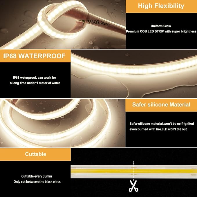 32.8ft COB LED Strip Lights Waterproof IP68, 4000K Natural White Outdoor 24V Dimmable Silicone LED Tape Lighting High Density, 6000LM+, 3200LEDs Clips and Screws(Power Supply Not Included)