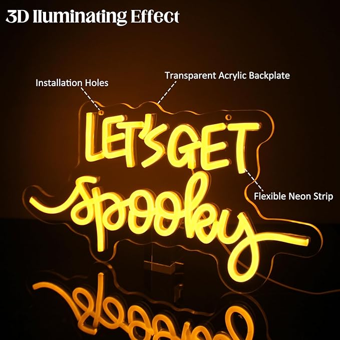 Let's Get Spooky Neon Signs Halloween Neon Sign Yellow Letter LED Neon Light Signs Spooky Neon Wall Sign Quote LED Sign Neon Lights for Wall Bedroom Bar Man Cave Party Halloween Room Decor