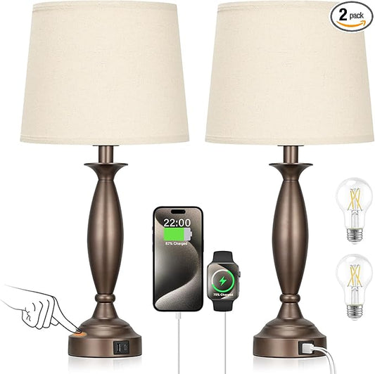 Beige Brown Lamps for Bedrooms Set of 2 - Touch Control Bedside Lamp with USB C+A, 3 Way Dimmable Nightstand Lamps with USB Port, Table Lamp for Living Room(Beige Shade and Brown Base)