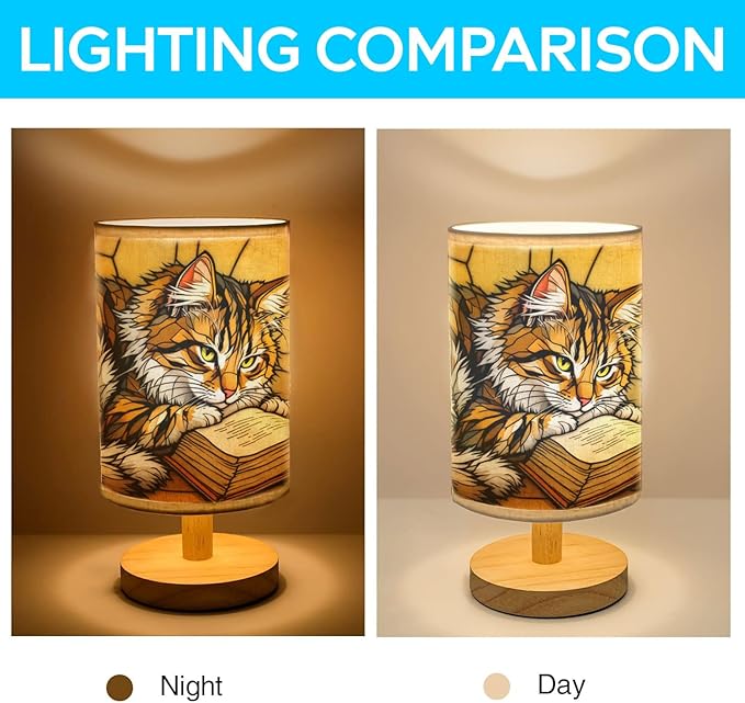 Cat & Book Table Lamp LED 3-Color Pressed Bedside, Cat & Book Shade Lamp with Wood Base for Bedroom Living Room Desk Office TL01