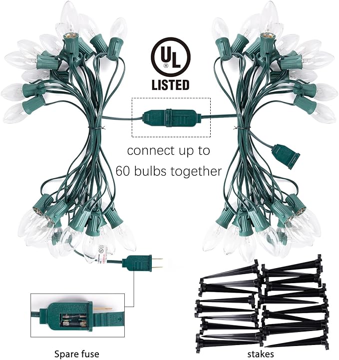 C9 Christmas Lights Outdoor, 2 Packs Total 51.4 Ft 40 Bulbs Christmas Pathway Lights, Waterproof Walkway Lights for Outside Driveway Sidewalk Outdoor Decorations Yard, Clear