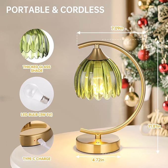 Set of 2 Tulip Table Lamp, 5200mAh Cordless Touch Control Table Lamp with 3 Color Temps & Stepless Dimming, Rechargeable Battery Table Lamp for Living Room, Bedroom, Office(Green Tulip)