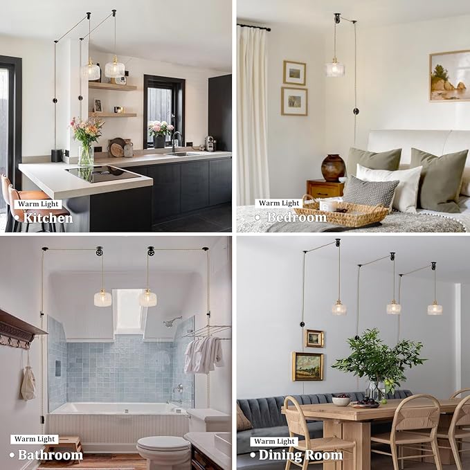 Plug in Pendant Light Hanging Light Fixture Corded On/Off Switch Brass Pendant Light with Clear Striped Glass Lampshade for Bedroom Living Room Kitchen Island