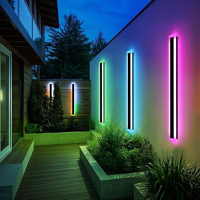 Mikeru Upgraded Widened RGB Long LED Wall Lights, 2Pack 39.3inch Outdoor Sconces RGB/Warm/White Dimmable Outdoor Wall Lights Exterior Front Porch Light Ip65 Waterproof Wall Sconce with Remote Control