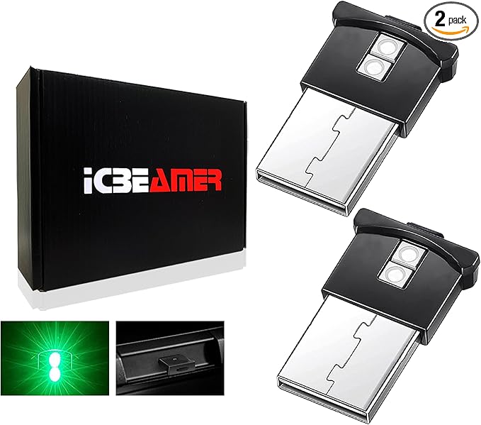 ICBEAMER 2 pcs Mini Smart USB Type-A | Color: Green | LED Night Light for Car Interior, Trunk, Center Console. Easy Plug-in, Enhance Automotive Ambiance, Perfect for Night Use.