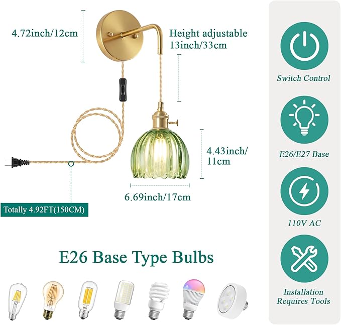 Plug-in Wall Sconce (Set of 2), Vintage Wall Decorative Lamp with Green Glass Shade, Indoor Plug-in Wall Sconce for Bedroom, Living Room, Bathroom, Hallway