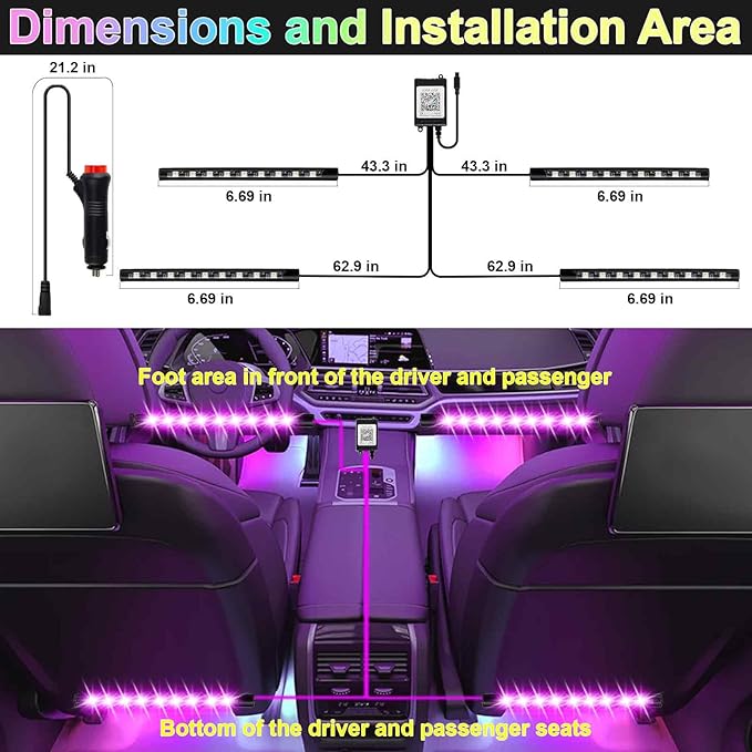 Car Interior Lights, 12V LED Strip Lights with Cigarette Lighter Adapter, Ambient Lighting Car Accessories, App & Remote Control Music Sync Color Change Lights for Truck Car (36LED Beads) -2 Set