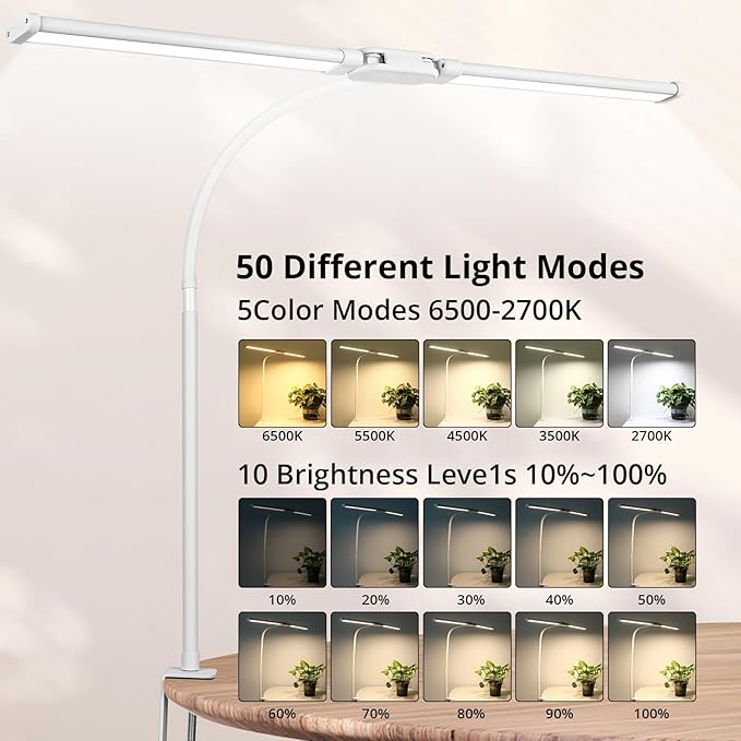 Desk Lamp with Clamp, with 5V 2A Adapter, LED Desk Lamp with Dual Head, 50 Light Modes, Computer Monitor Flexible Neck Lamp, Eye Protection Desk Lamps for Study, Office, Crafts, Draw(White)