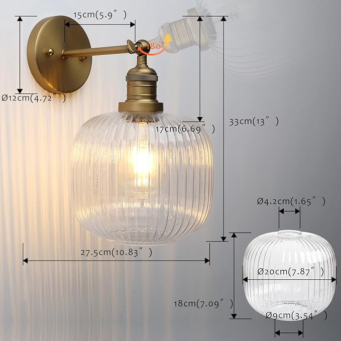 Pathson Modern Wall Sconce Lamp Clear Striped Round Glass, Hardwired Vintage Wall Vanity Light Fixture for Farmhouse Living Room Bedroom Bathroom Loft