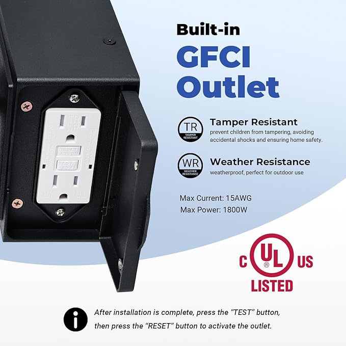 Porch Light with GFCI Outlet, Distance and Time Adjustable Black Motion Sensor Outdoor Lights, Dusk to Dawn 3 Modes Outdoor Light with Outlet for House, Garage, Garden, Waterproof, Aluminum
