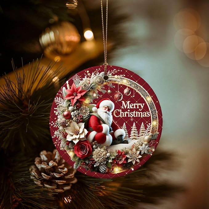 Merry Christmas Santa Claus Wreath Christmas Ornaments, Christmas Decorations Xmas Tree Hanging Ornaments, Round Ceramic Festive Keepsake Gift for Xmas Decorations Holiday Home Decor