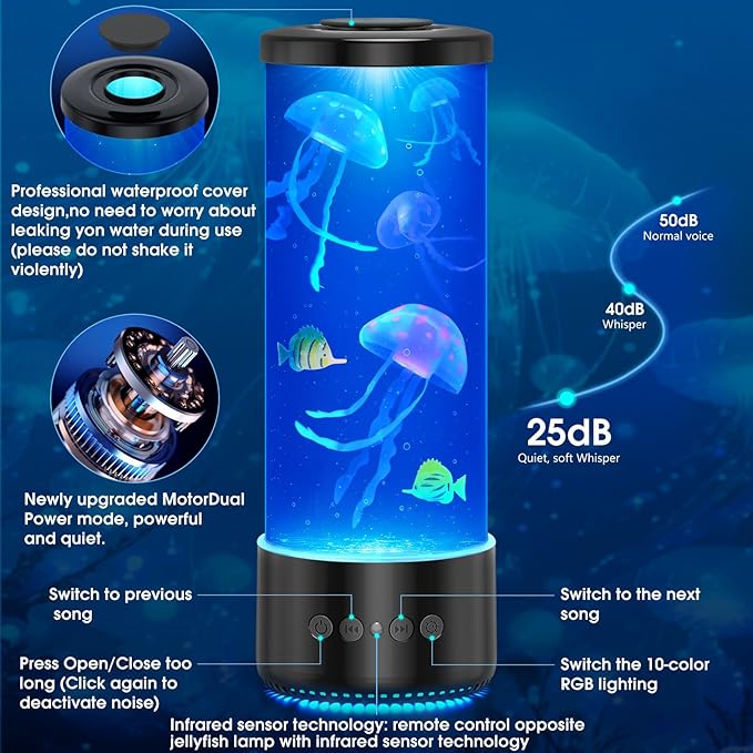 Jellyfish Lamp Bluetooth Speaker,12 White Noise Jelly Fish Table Night Light, 10 Color Changing 2 Lighting Modes,Mood Lamp for Home Office Sleep Relaxation, Gifts for Kids Children Adults,Home Decor
