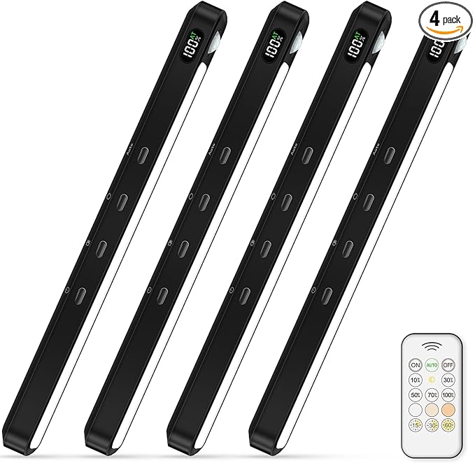 WILLED Under Cabinet & Closet Lights with Remote, Motion Sensor, Rechargeable, Magnetic, 3 Color Temps, Dimmable LED Light Bar for Indoor Kitchen Counter (4 Pack, Black)