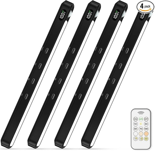 WILLED Under Cabinet & Closet Lights with Remote, Motion Sensor, Rechargeable, Magnetic, 3 Color Temps, Dimmable LED Light Bar for Indoor Kitchen Counter (4 Pack, Black)