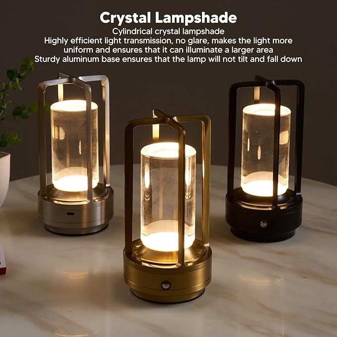 Cordless Table Lamp, Crystal Lampshade 3 Color Temperatures Touch Control USB Rechargeable LED Desk Lamp for Home (Black)