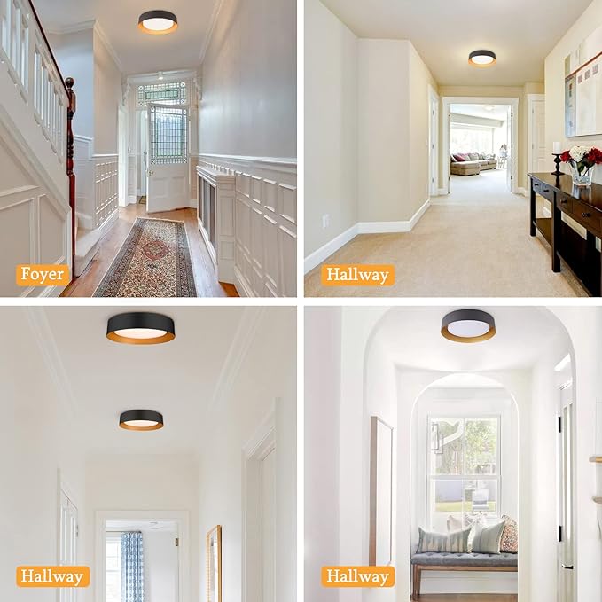 Bargeni 16.5 Inch LED Ceiling Light Fixture, Dimmable Flush Mount Matte Black With Gold Inside, 3000K/Warm White/30W, Modern Light Fixtures Mount for Bedroom, Outdoor, Foyer