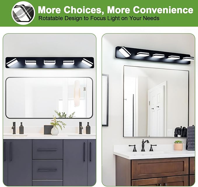 2100LM LED Modern Bathroom Vanity Light Fixtures, 360° Rotate Acrylic Matte Black Vanity Lights for Bathroom, Modern Wall Lighting Fixtures Over Mirror Kitchen Living Room (Natural White Light 5000K)