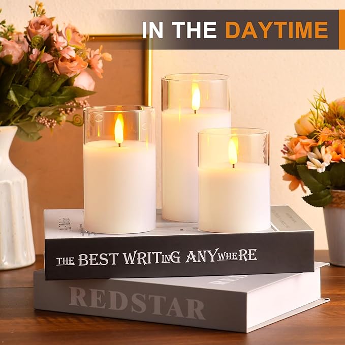 Tyawon Glass Battery Operated LED Flameless Candles with Remote and Timer, Real Wax Candles Warm Color Flickering Light for Festival Wedding Home Party Decor(Pack of 3)-Lvory White