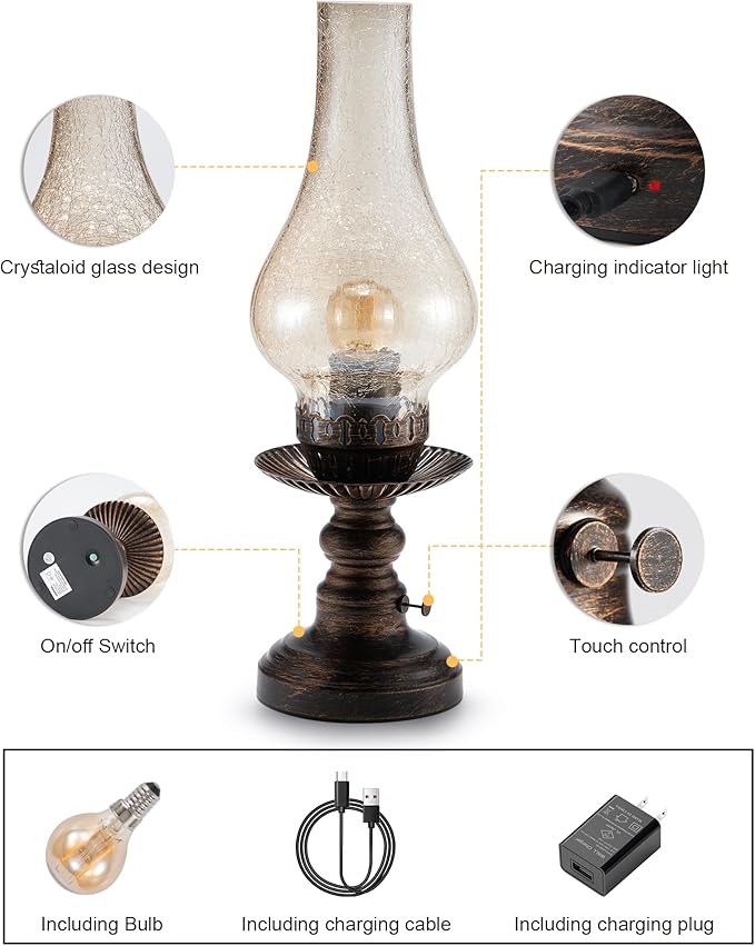 UMEXUS Vintage Rechargeable Cordless Table Lamp with Dimmer & Touch Control, Small Battery Powered Lights, Amber Hand-Blown Glass Retro Farmhouse Lamp for Bedroom, Living Room, Dining Table, Kitchen