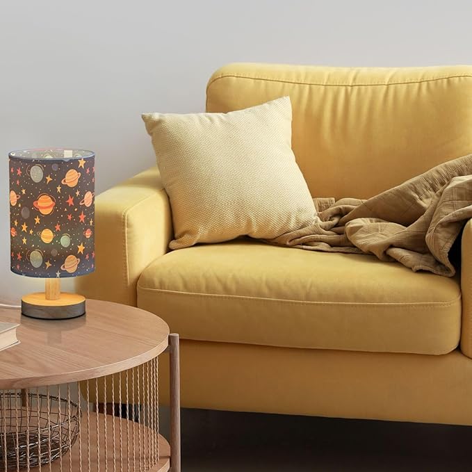 Cute Solar System with Planets Stars Bedside Table Lamps with USB Port for Bedroom Lamp Small Nightstand Lamp Sturdy Linen Shade Wooden Base Decorative Lamps for Kids Reading Dorm Home