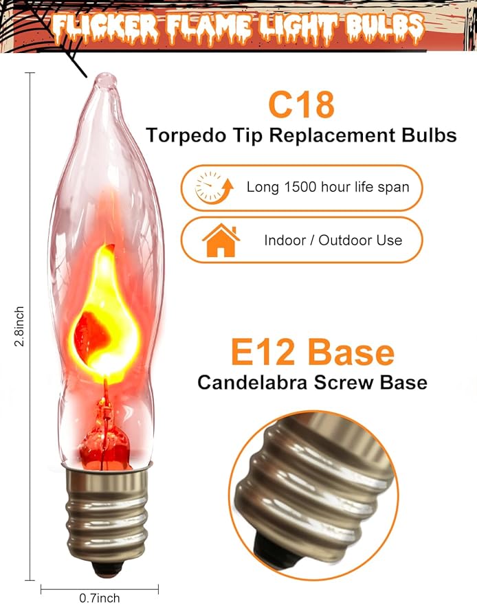 Halloween Flicker Flame Light Bulbs, Crystal Clear Flame Tip Candelabra Bulbs, Flickering Replacement Bulbs Dances with Orange Flame, 120 Volt, 1 Watt, E12 Candelabra Base, 12 Pack