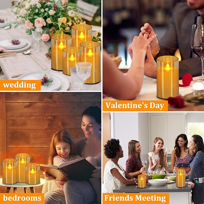 Flameless Candles 4" 5" 6" Set of 6 Acrylic Glass Pillars 3" Diameter Battery Operated Flickering Candles Include 8-Key Remote with Timer Function 400+ Hours (Amber, 6 Pack)