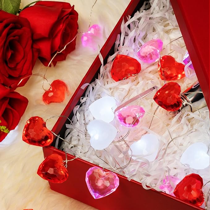 BOHON Valentine Day Decor 10 ft 30 LEDs 3D Heart Lights, Red White Pink Fairy String Lights with Remote Battery Operated, Valentines Decorations for The Home Bedroom Garland Wedding Indoor Timer
