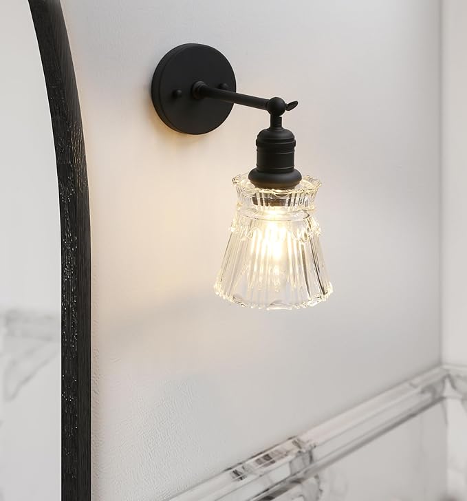Yosoan 1-Light Vanity Indoor Wall Sconce, Brass Vintage Industrial Single Modern Light Hardwired Fixture Lamp with Petal Stripes Glass Shade for Bedroom Bathroom Kitchen Living Room Hallway(Black)