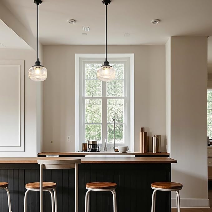 Yosoan Indoor Vintage Edison Hanging Pendant Light, 1-Light Hardwired Modern Vanity Light Industrial Semi Flush Mount Lamp Striped Ribbed Glass Shade for Kitchen Table Bar Island(Black)