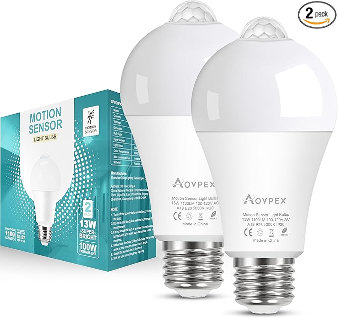 Motion Sensor Light Bulbs, Dusk to Dawn, 13W 100W Equivalent, Movement Activated Security LED Bulb, 5000K Cool White, for Outdoor Indoor, Porch Garage Basement Hallway Closet, 2 Pack