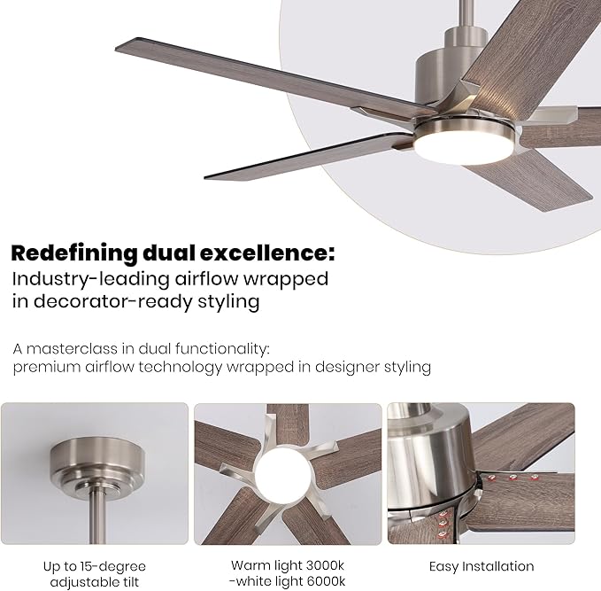 46 Inch Ceiling Fans with Lights and Remote Control for Bedroom, Modern Nickel Ceiling Fan with Quiet Reversible DC Motor, 3CCT, Dimmable, LED Lighting for Living Room, Patio, Indoor and Outdoor