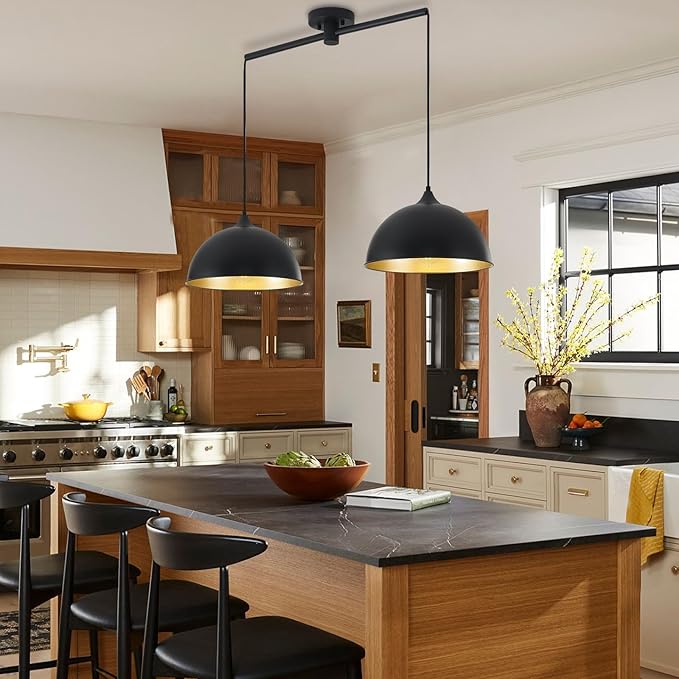 Pendant Lights Kitchen Island, 2-Pack Dome Pendant Light Black and Gold Light Fixtures Industrial Vintage Hanging Pendant Lighting for Farmhouse Dining Room Restaurant Cafe Entryway