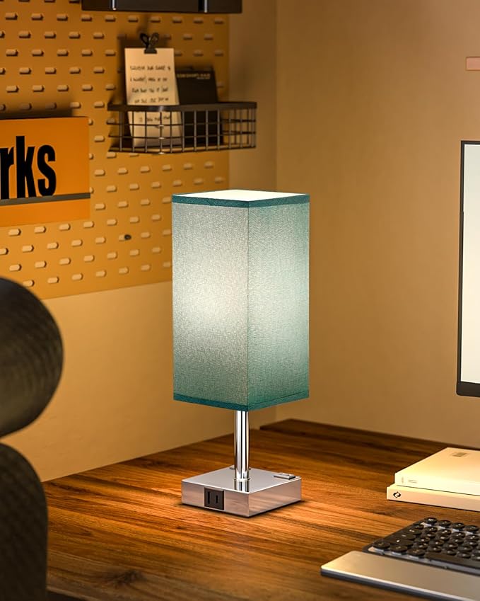 Touch Bedside Table Lamp for Nightstand - 3-Way Dimmable Night Lamp with USB A + Type C Charging Ports and Two AC Outlets, Small Desk Light with E26 Bulb for Bedroom Living Room Dorm, Turquoise
