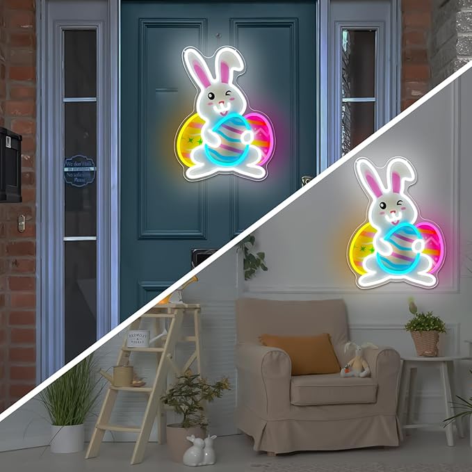 Easter Neon Sign Bunny Led Sign Printing Easter Wall Decor Bunny Eggs Light Sign Rabbit Decorations for Door Window Easters Gifts for Kids