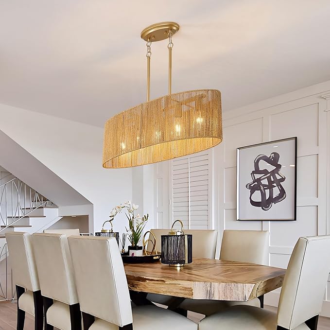 Dining Room Light Fixture 5 Light Rattan Kitchen Island Lighting with Adjustable Gold Boho Chandelier Farmhouse Hanging Pendant Light for Living Room Bar Restaurant